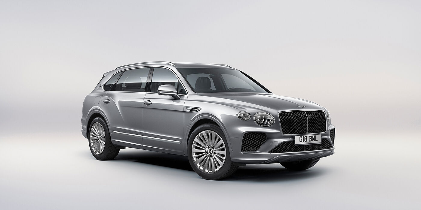 Bentley Adelaide Bentley Bentayga Extended Wheelbase luxury SUV front three quarter view in Moonbeam paint with 21 inch five spoke painted wheels