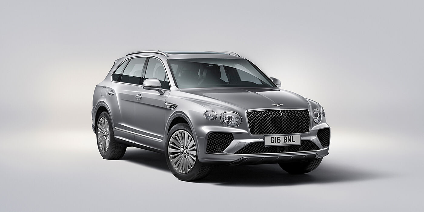 Bentley Adelaide Bentley Bentayga luxury SUV front three quarter view in Moonbeam paint with matrix grille and 21″ 5 spoke painted wheels