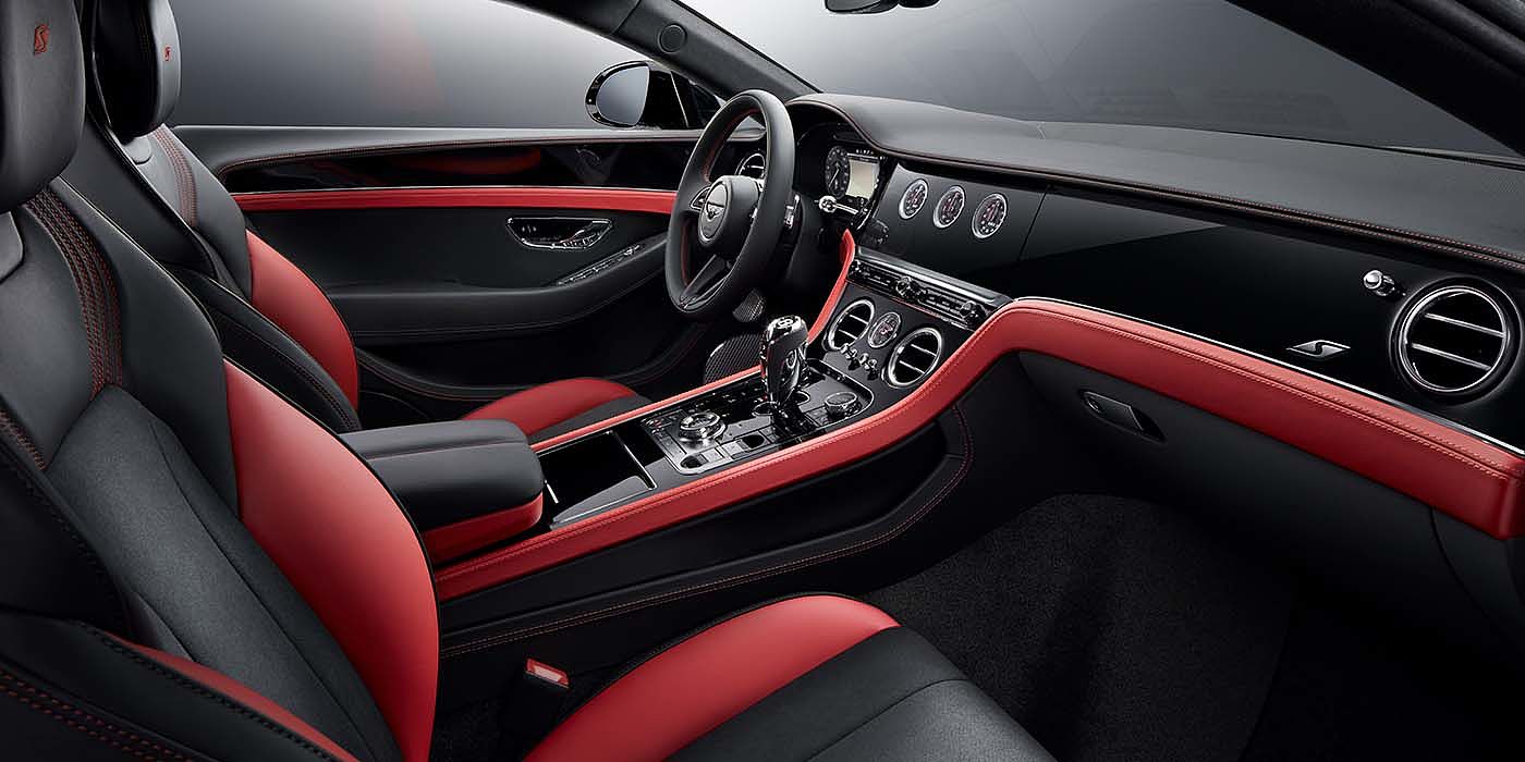 Bentley Adelaide Bentley Continental GT S coupe front interior in Beluga black and Hotspur red hide with high gloss Carbon Fibre veneer