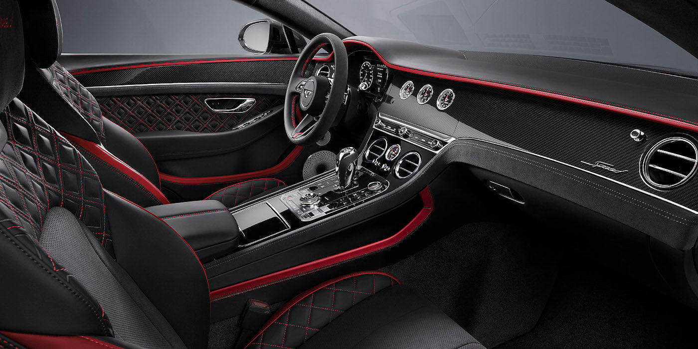 Bentley Adelaide Bentley Continental GT Speed coupe front interior in Beluga black and Hotspur red hide