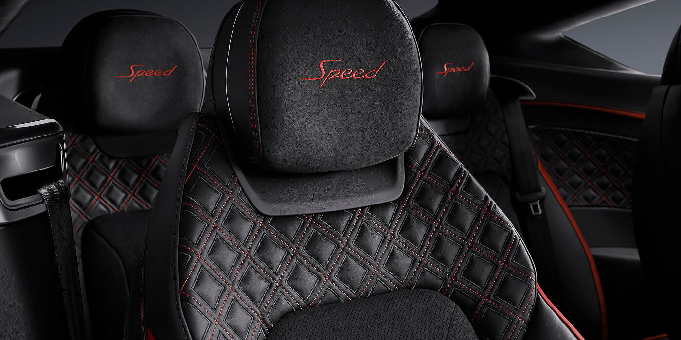 Bentley Adelaide Bentley Continental GT Speed coupe seat close up in Beluga black and Hotspur red hide