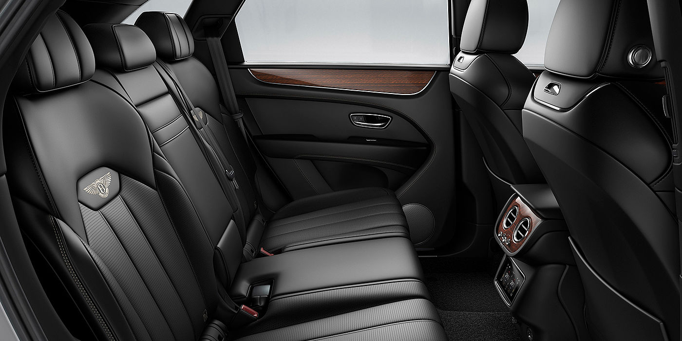 Bentley Adelaide Bentey Bentayga interior view for rear passengers with Beluga black hide.