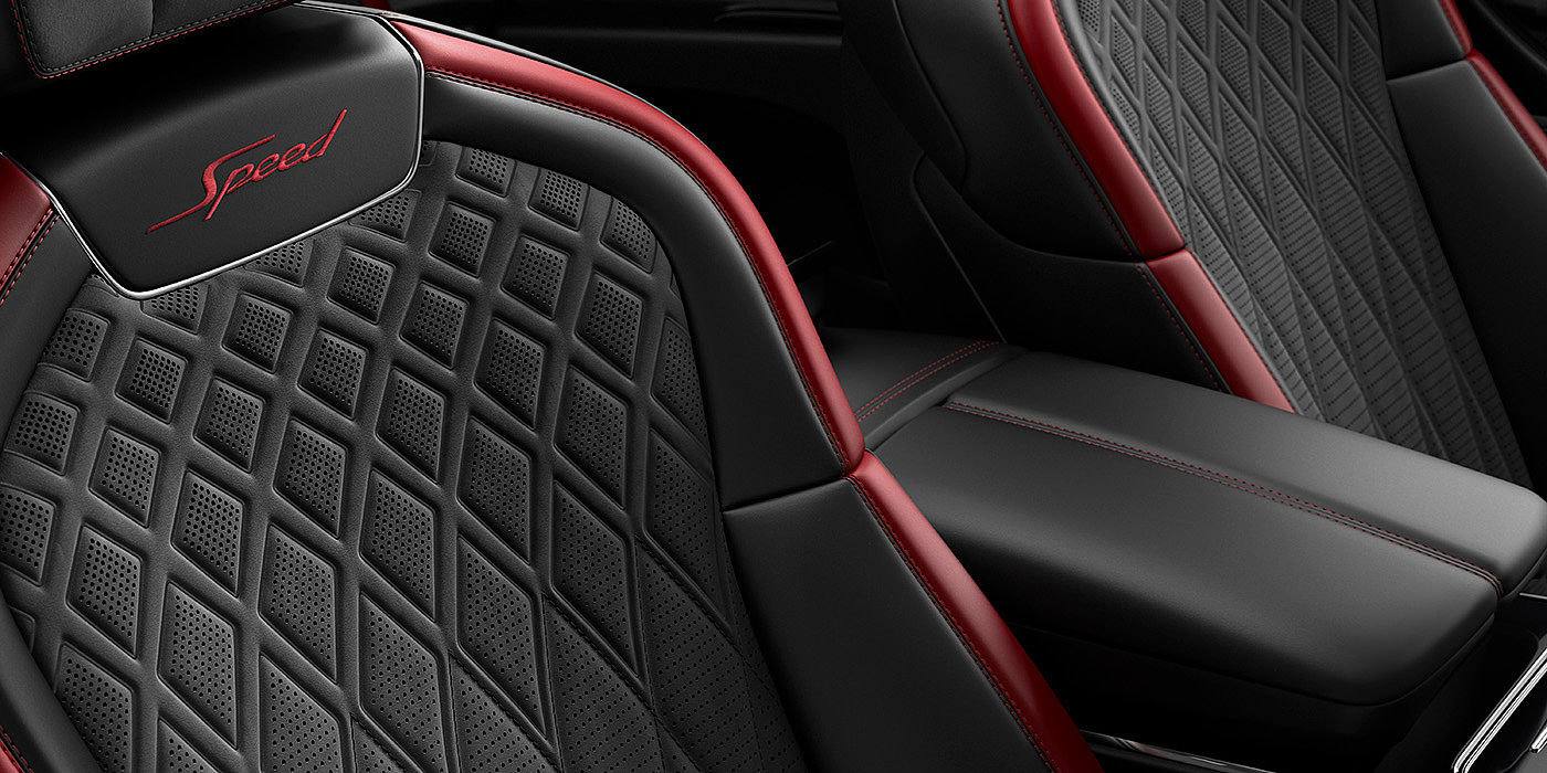 Bentley Adelaide Bentley Flying Spur Speed sedan seat stitching detail in Beluga black and Cricket Ball red hide