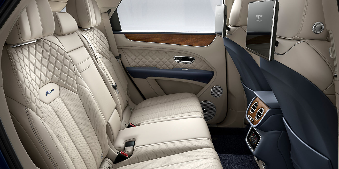 Bentley Adelaide Bentley Bentayga Azure SUV rear interior in Imperial Blue and Linen hide