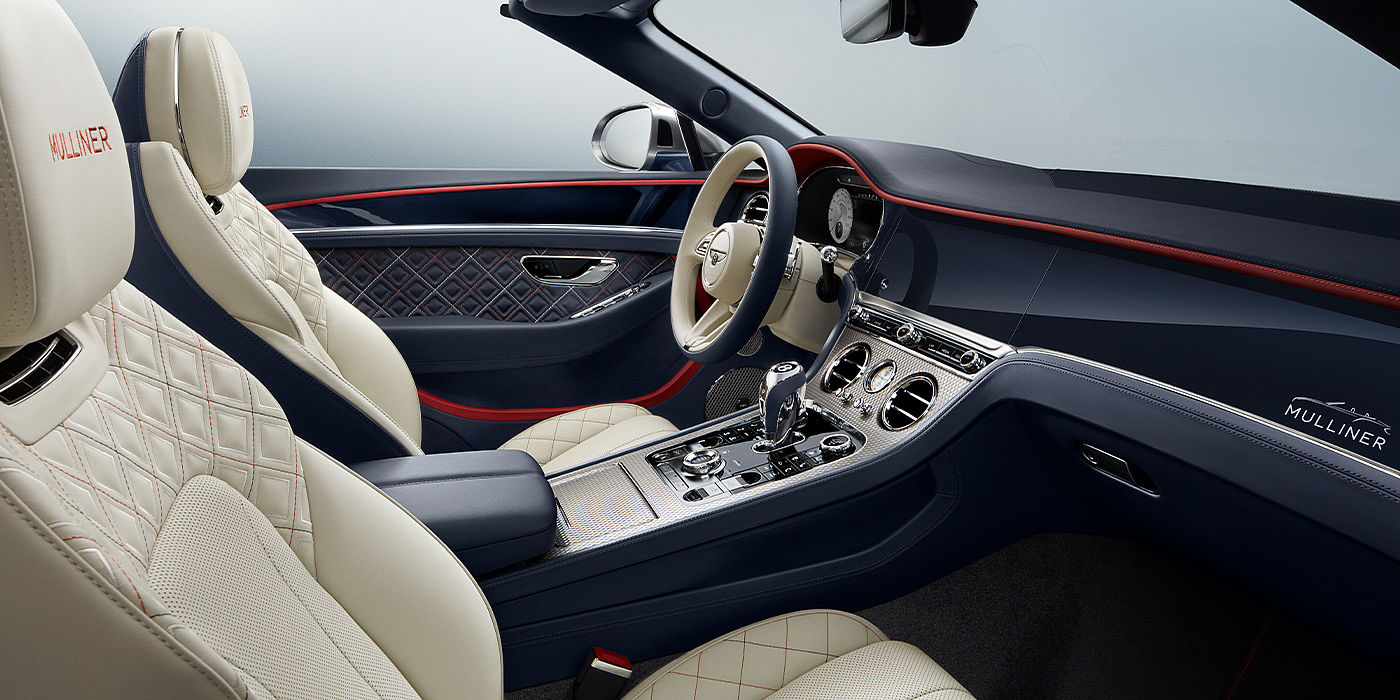 Bentley Adelaide Bentley Continental GTC Mulliner convertible front interior in Imperial Blue and Linen hide
